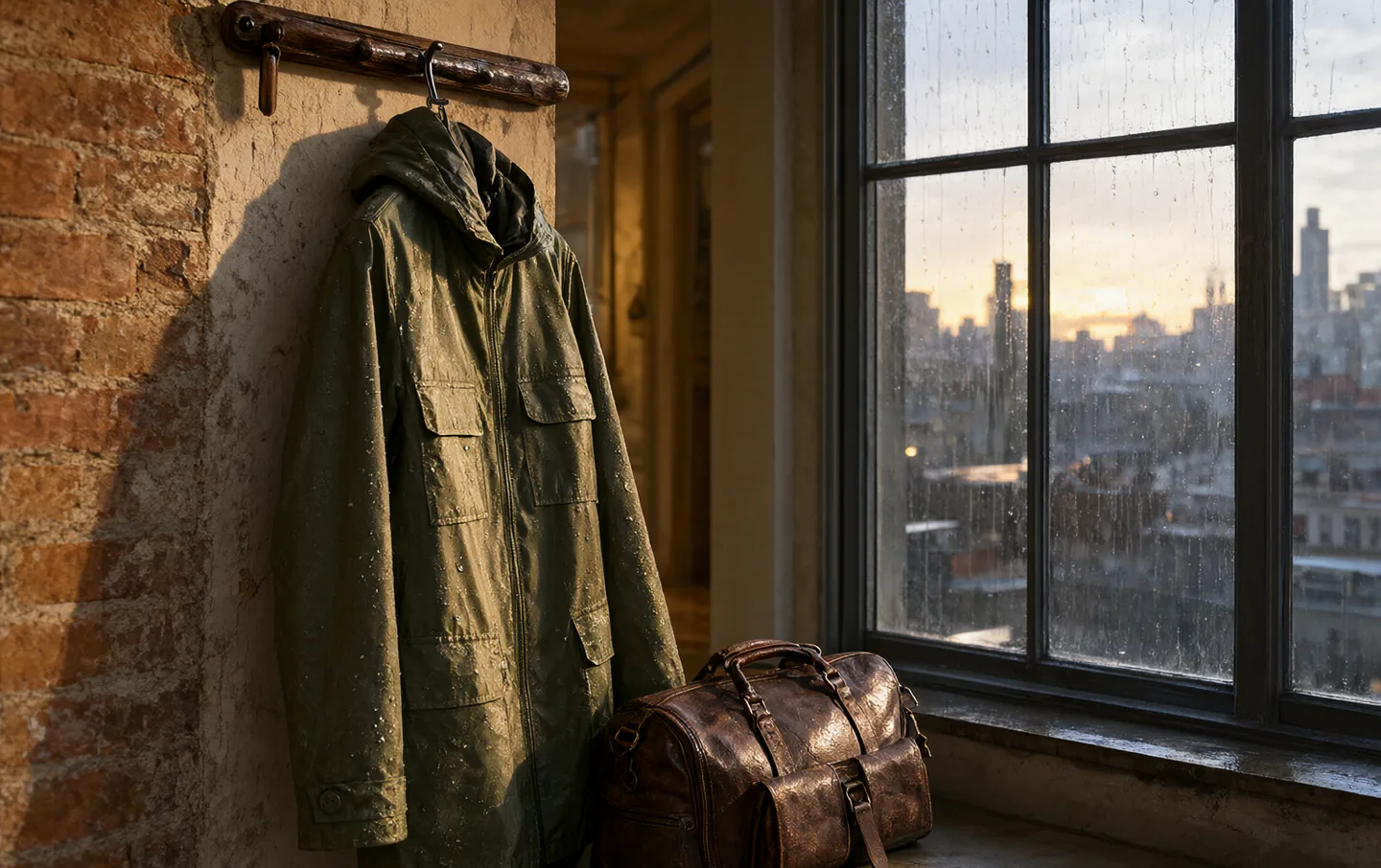 A dark green rain jacket hanging by the door with water beading on the sleeve