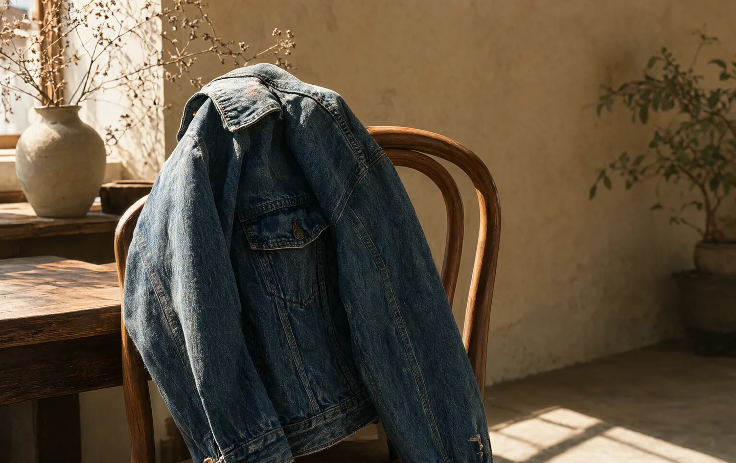 A worn indigo denim jacket draped over a bentwood chair in a sunlit room
