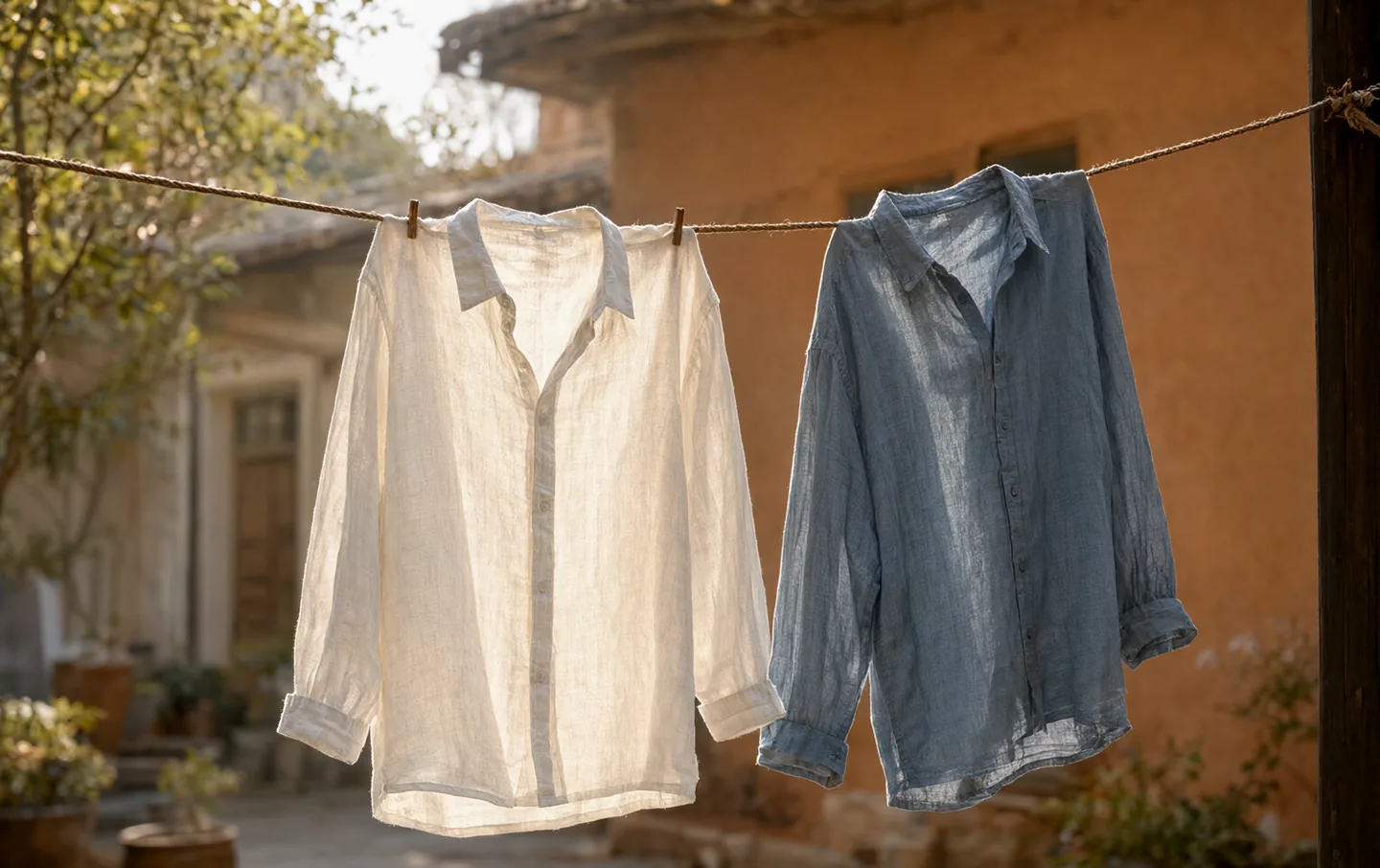 Two loose linen shirts in white and stone blue hanging on a clothesline in warm afternoon light