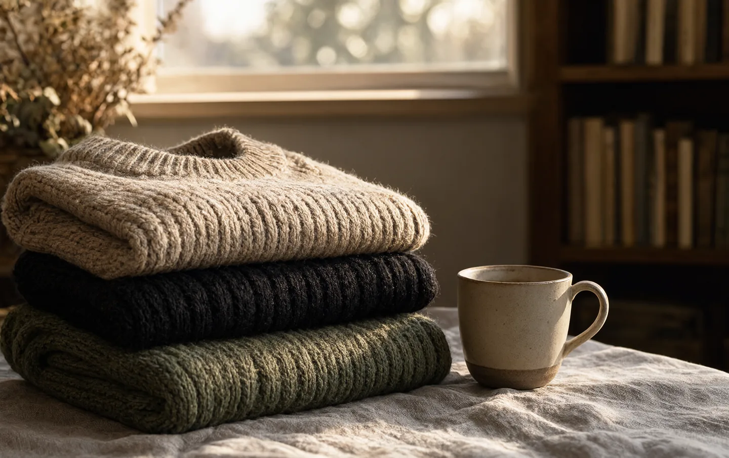 Three folded merino sweaters in oatmeal, charcoal, and moss green stacked on a linen surface beside a ceramic mug