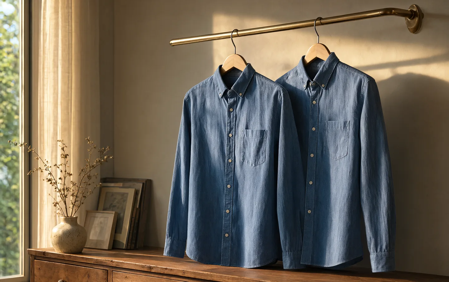 Two blue oxford shirts on wooden hangers by a sunlit window