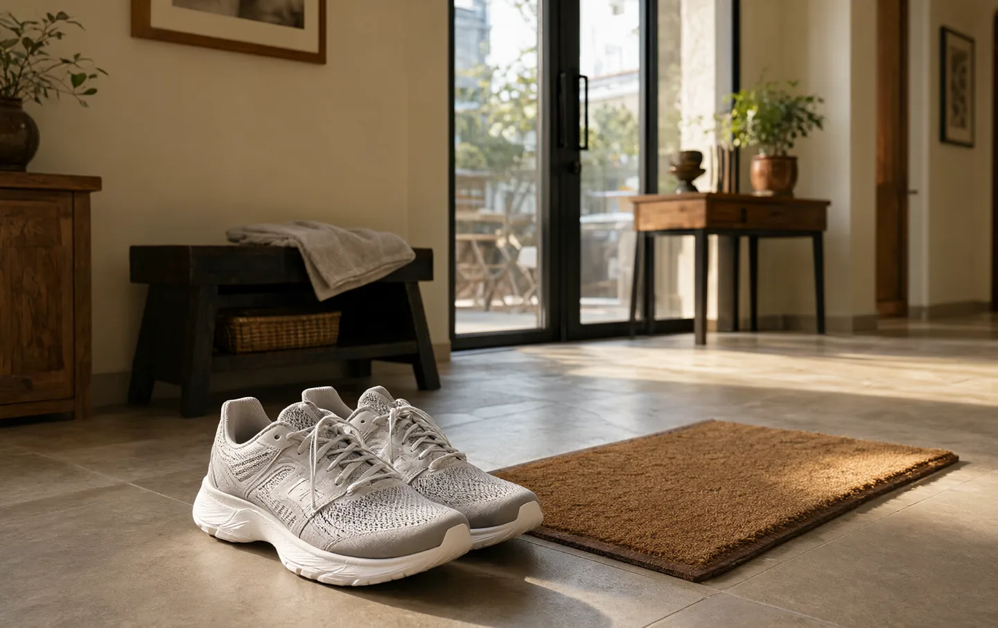A pair of grey running shoes on a doormat in a bright apartment entryway
