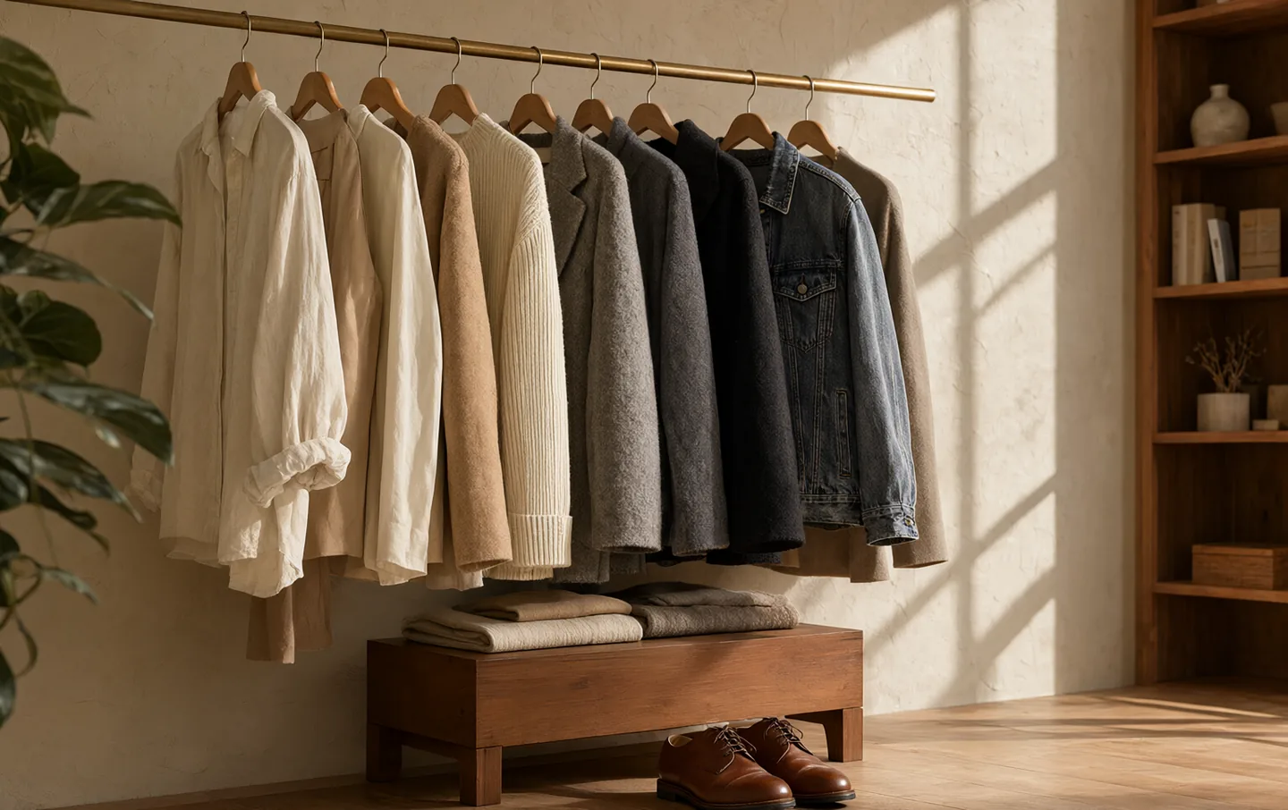 A short rail of neutral clothing with a pair of jeans and leather sneakers below