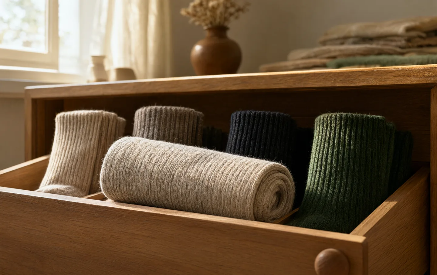 An open oak drawer of neatly paired wool socks in oatmeal, charcoal, and green