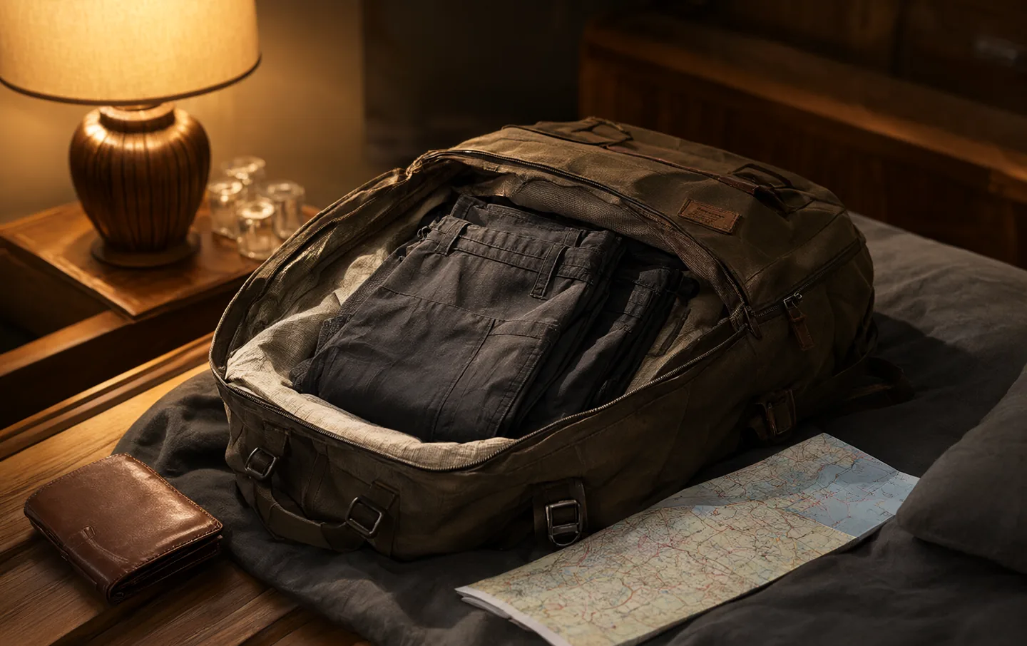 Charcoal travel trousers folded inside an open canvas weekender bag on a hotel bed