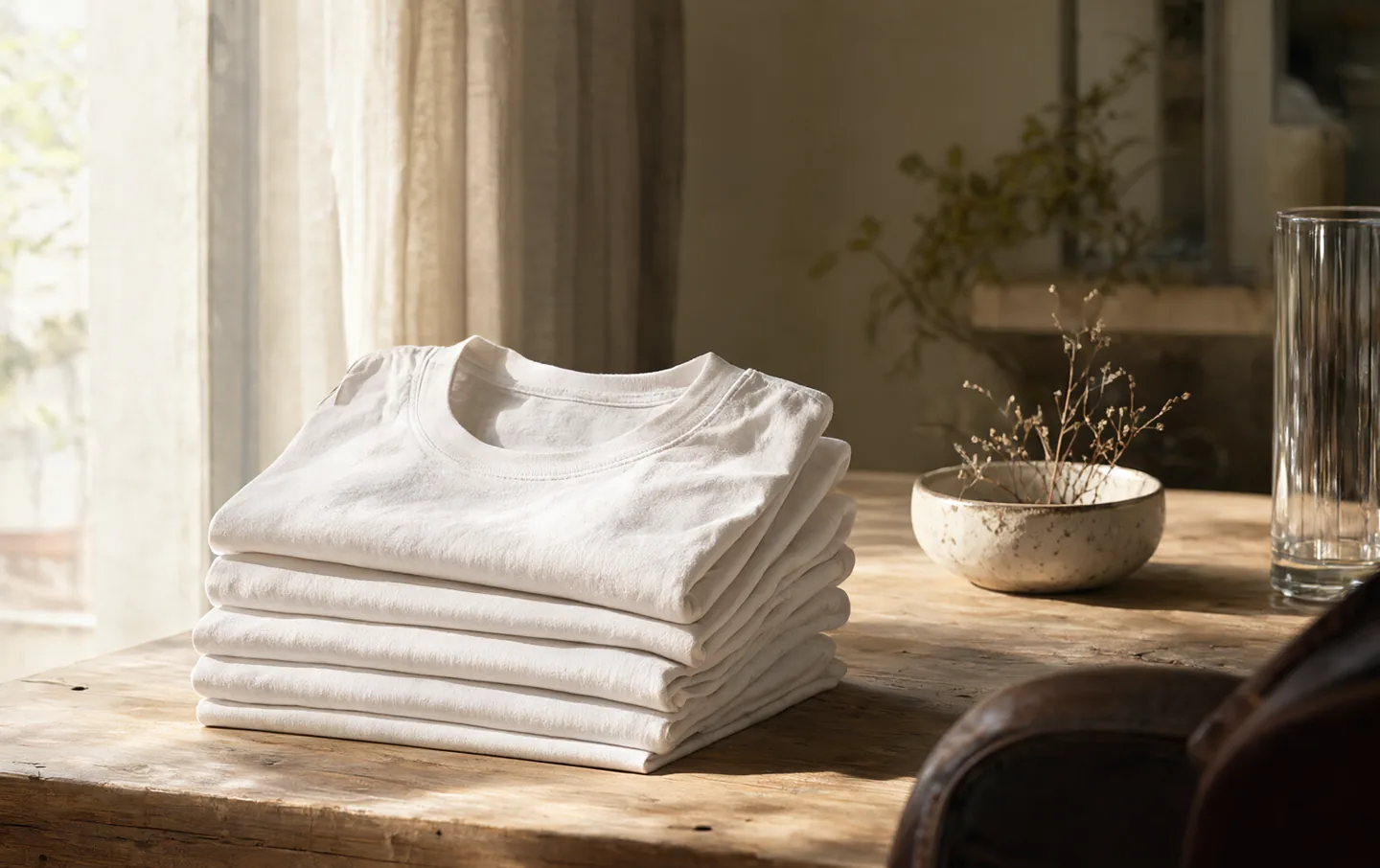 A stack of folded white cotton T-shirts on a pale oak bench by a window