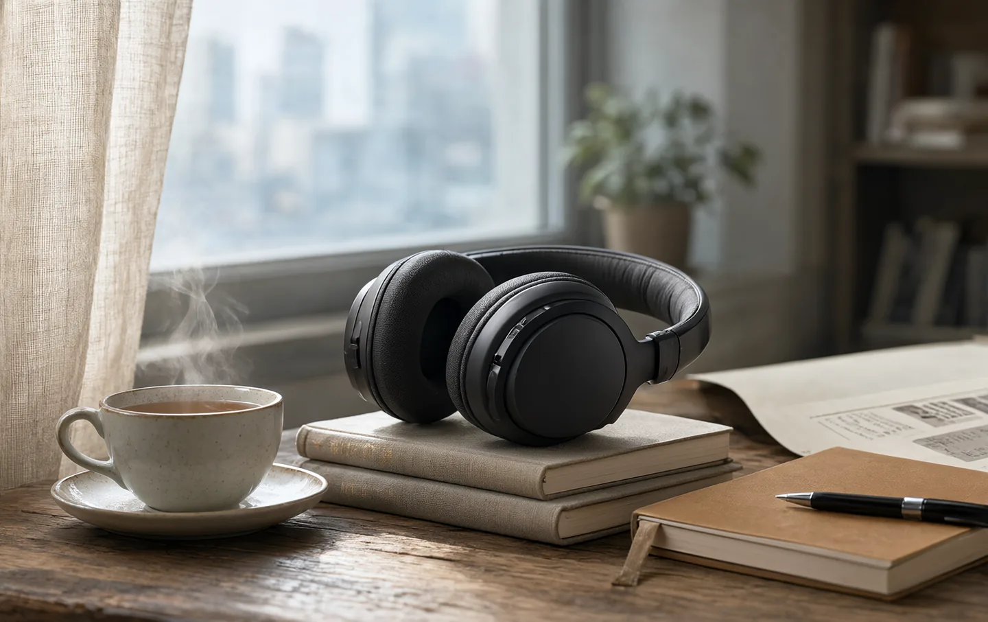 Over-ear headphones resting on a stack of books beside a window