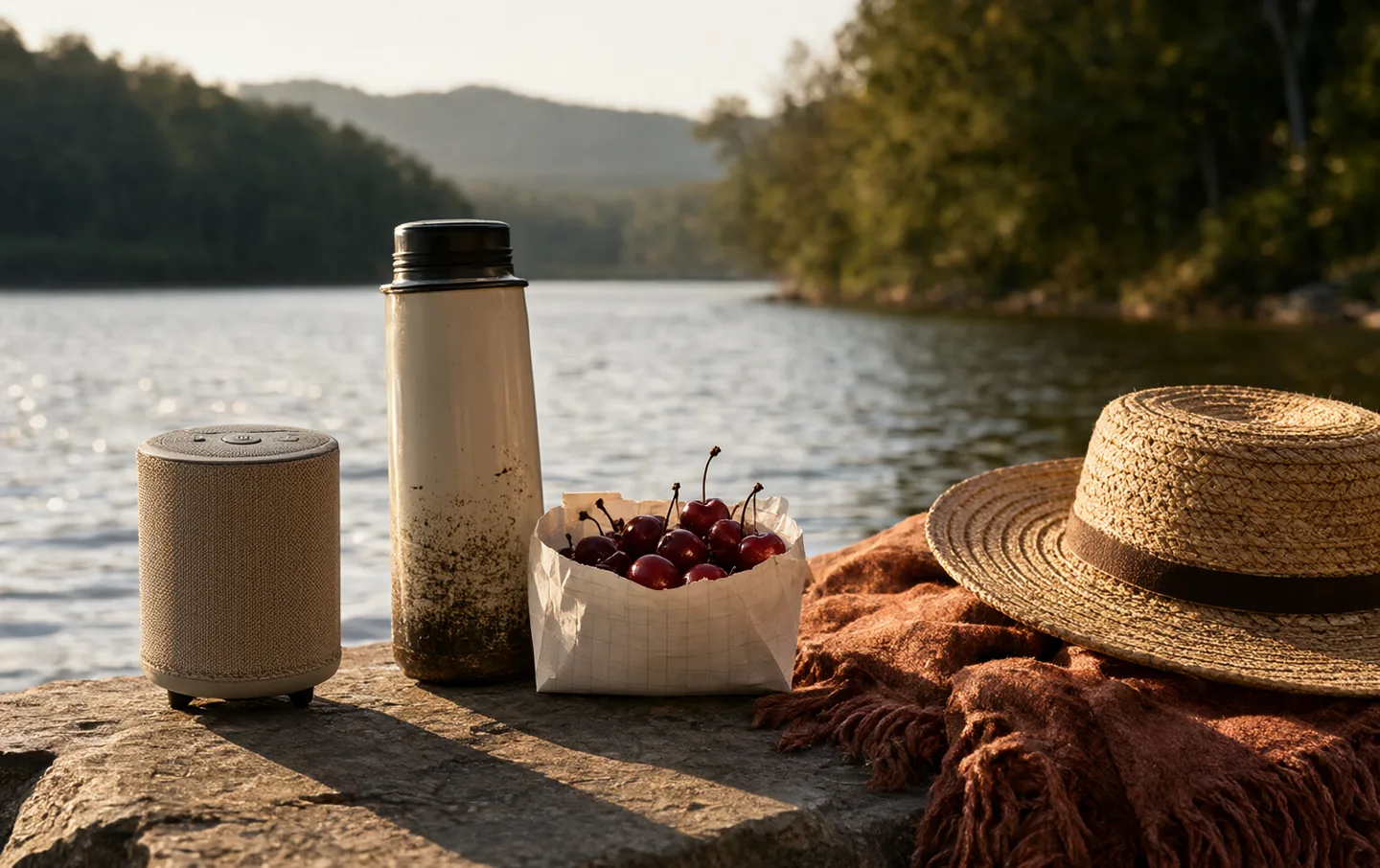 A portable fabric-covered speaker on a lakeside blanket beside a straw hat