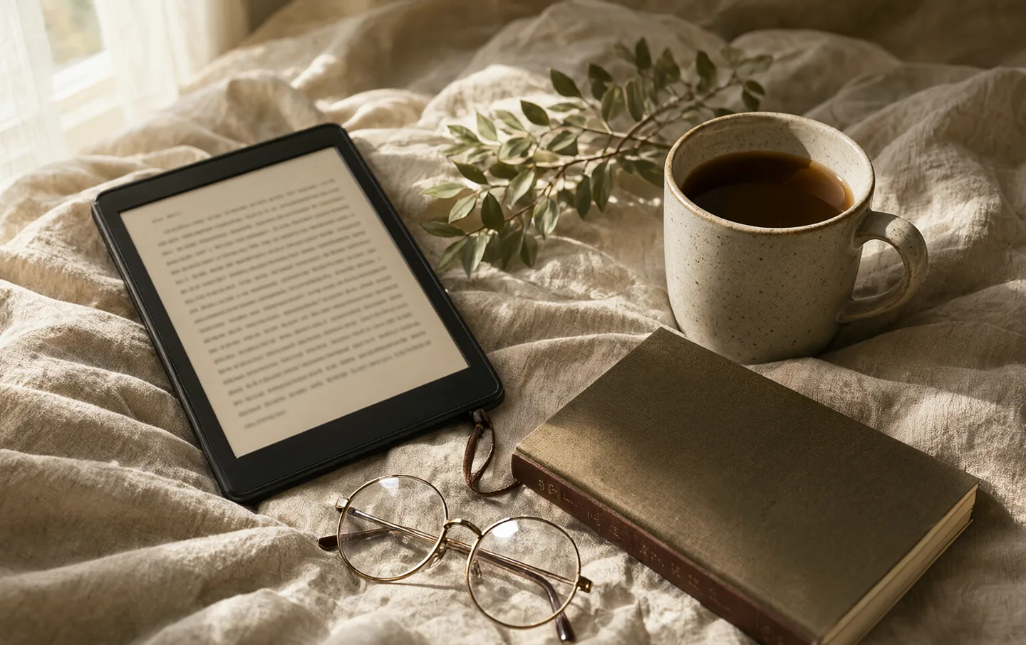 A black e-reader resting on a rumpled linen duvet beside a ceramic mug and an open book