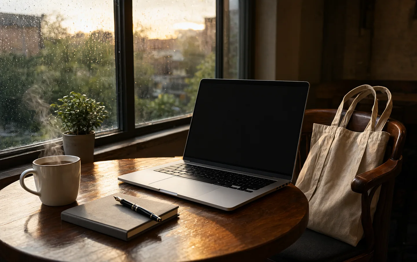 An open silver laptop on a wooden desk by a window