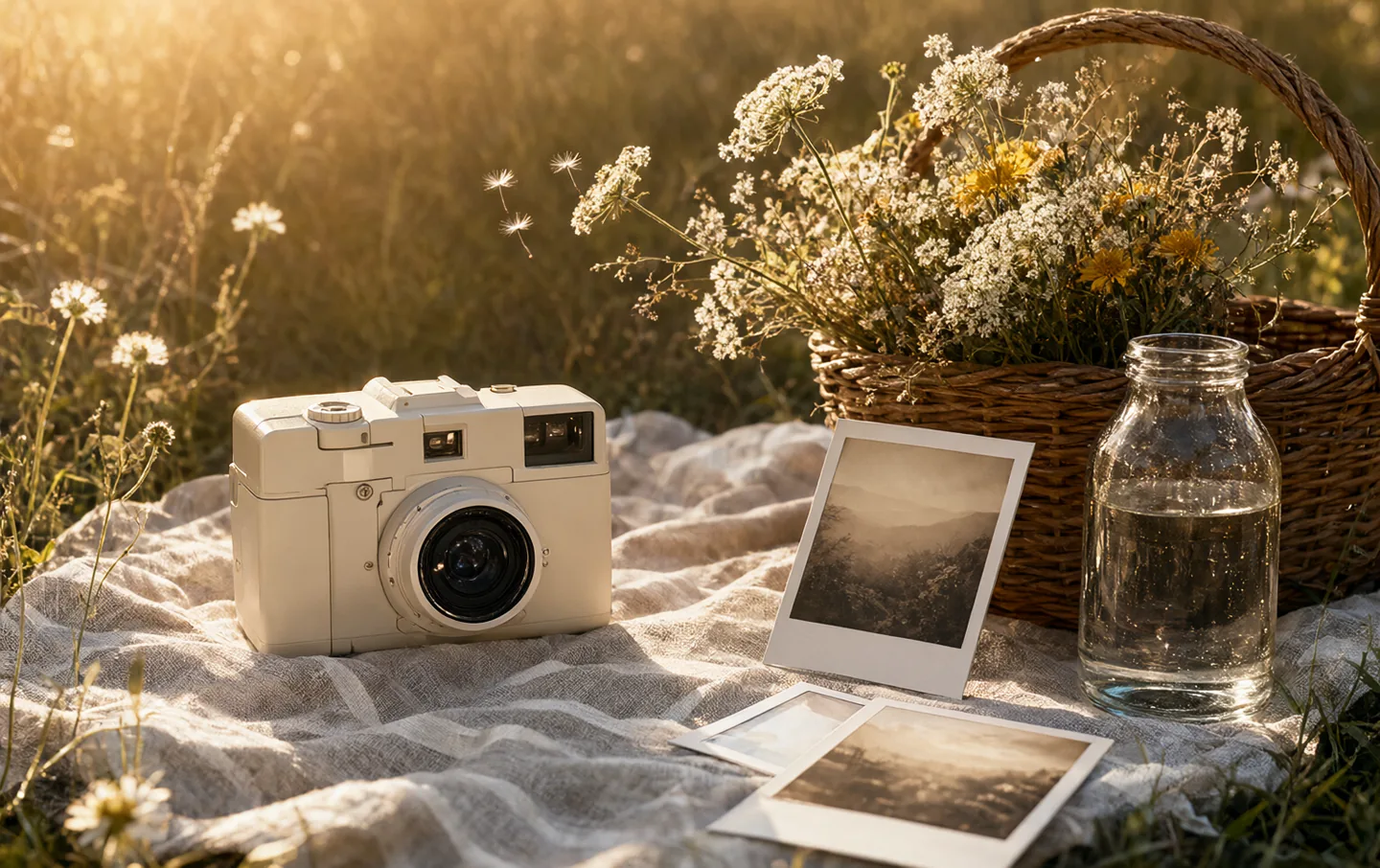 An instant camera on a picnic blanket with a few freshly printed square photos scattered around it