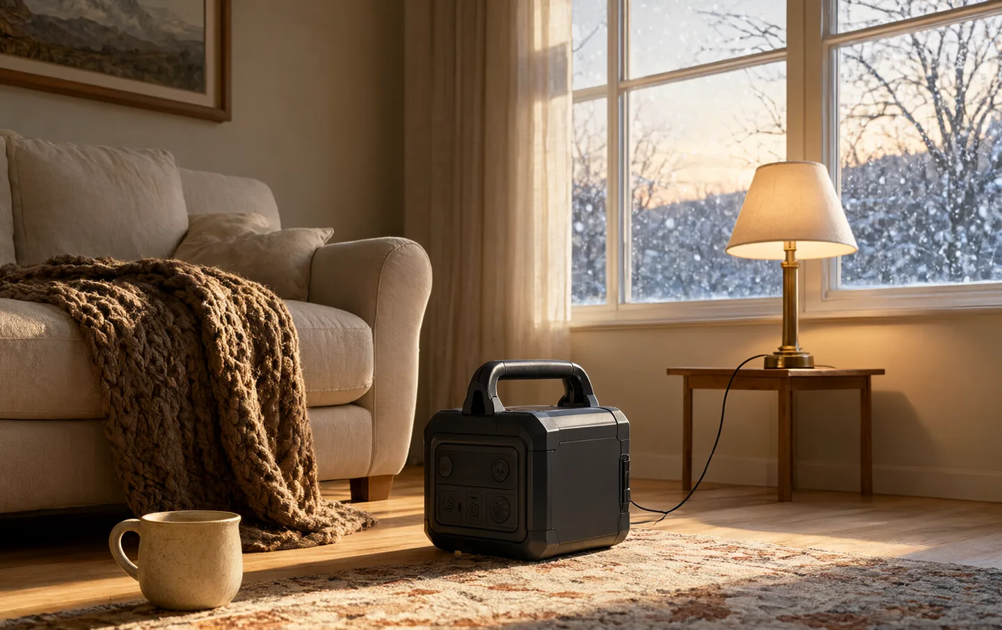 A portable power station on a living-room rug beside a sofa, with a lamp lit and snow outside the window