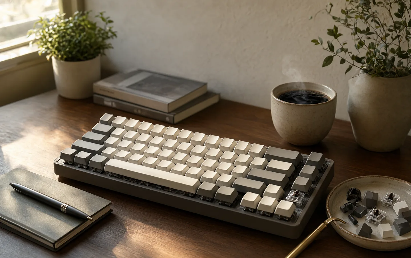 A compact mechanical keyboard on a wooden desk beside a notebook and a pair of reading glasses