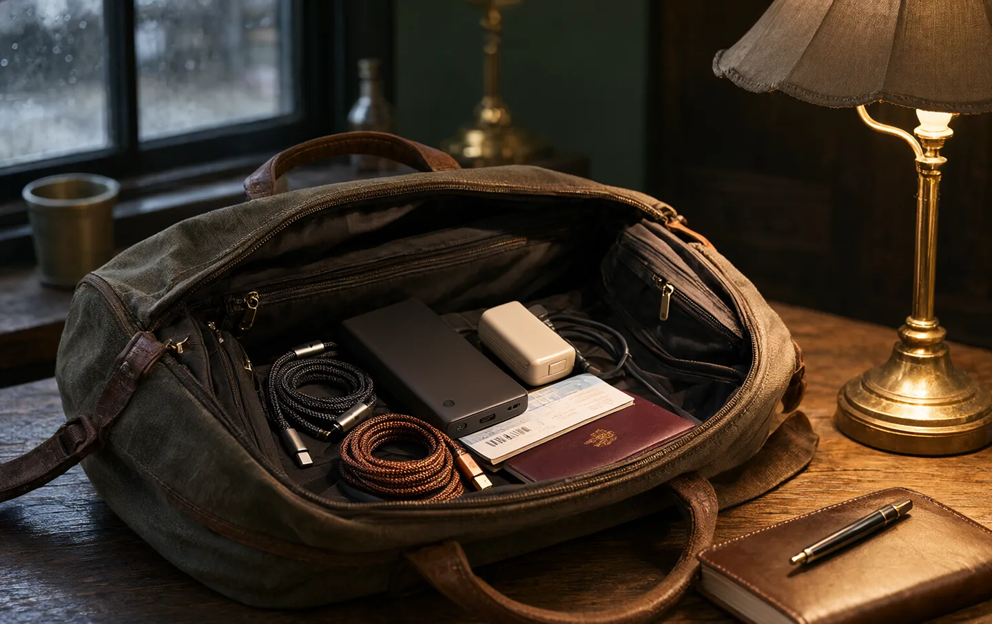 A power bank and coiled cable inside an open canvas bag on a wooden table