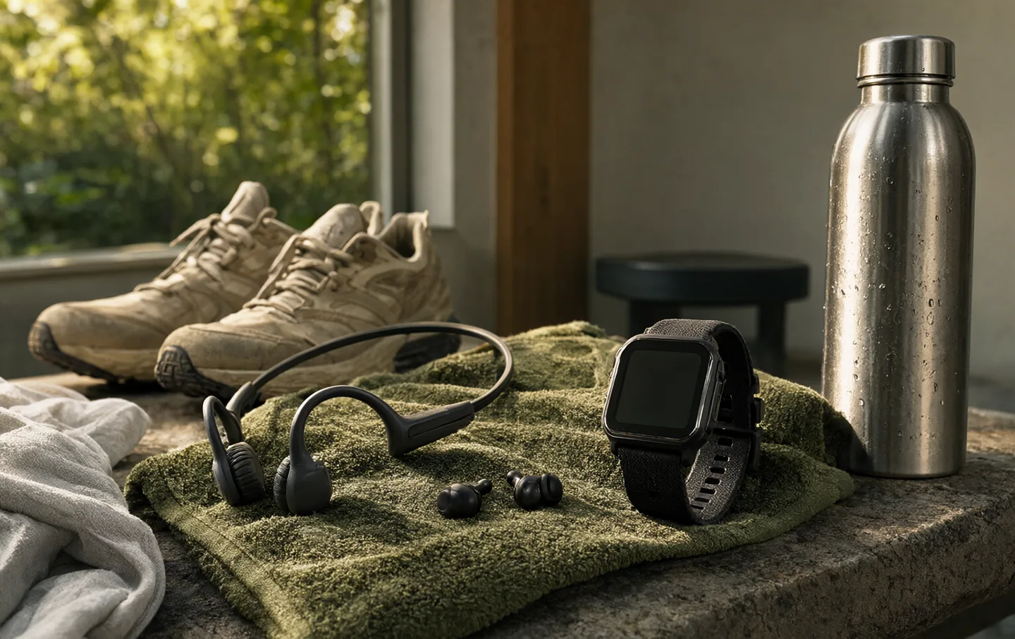 A pair of open-ear running headphones resting on a folded towel beside a running shoe