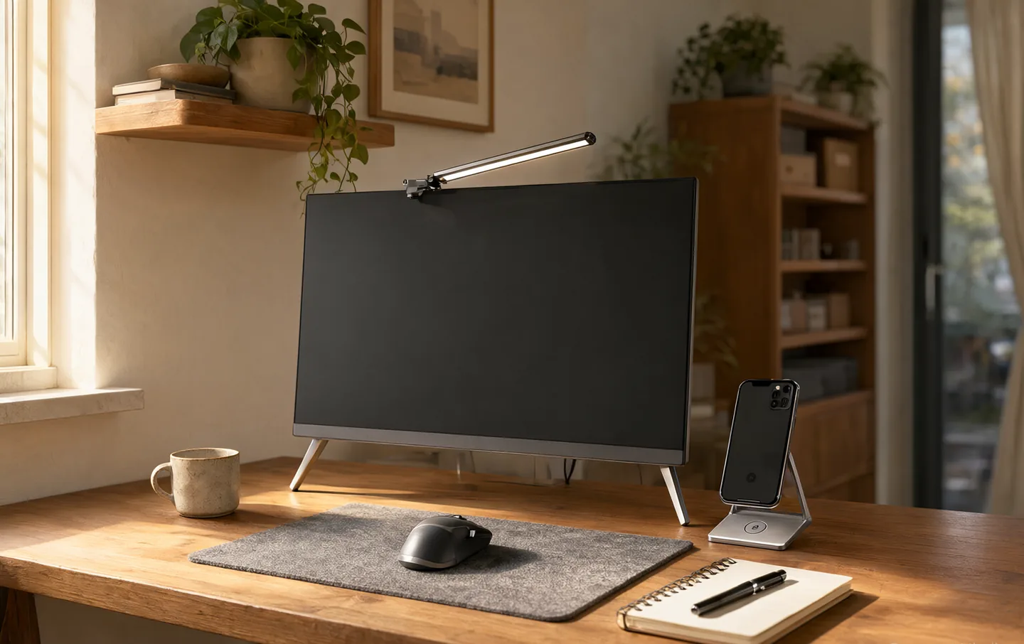 A tidy wooden desk with a monitor light bar, a mouse, a charging station, and a woven desk mat