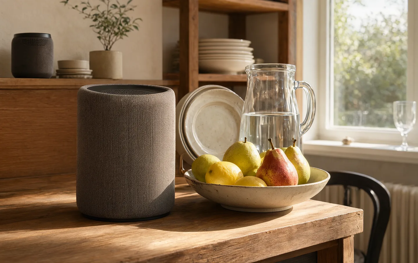 A small fabric-covered speaker on a wooden shelf beside a stack of paperbacks and a trailing plant