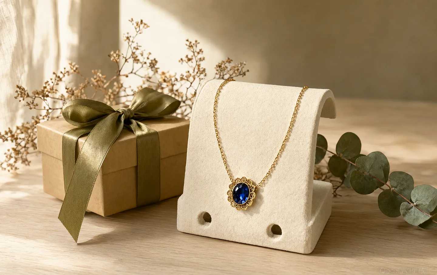 A delicate gold birthstone pendant on a cream jewelry card beside a small gift box