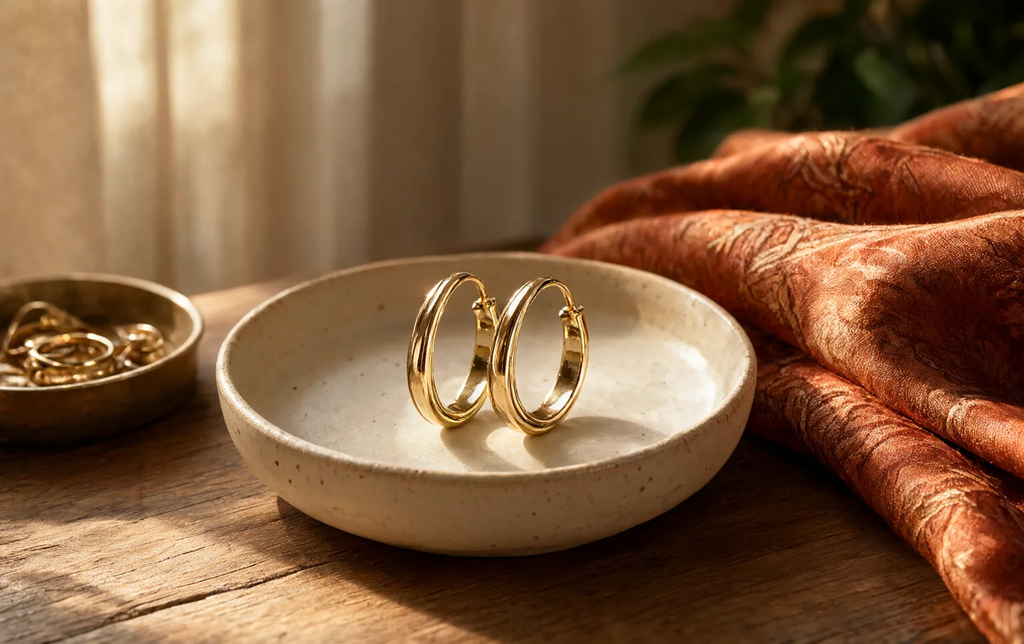 A pair of small gold hoop earrings resting on a pale stone tray
