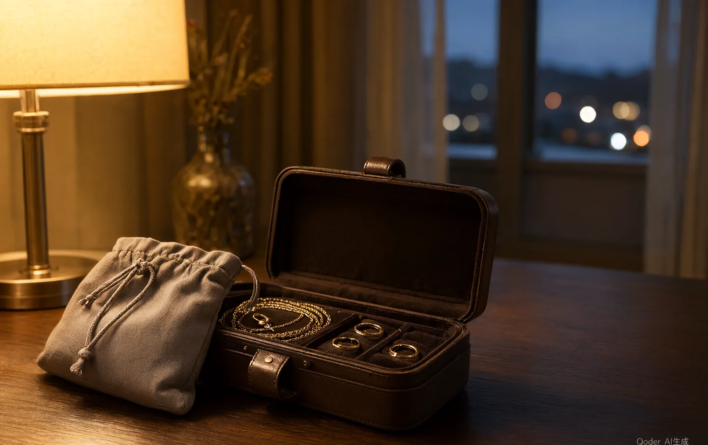 An open leather jewelry travel case with a chain, hoops, and rings on a bedside table