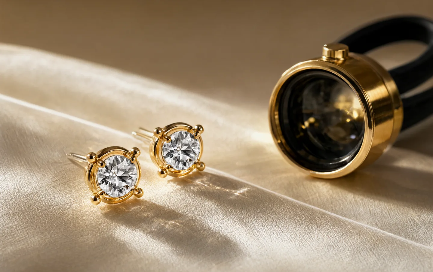 A pair of round lab-grown diamond studs beside a jeweler's loupe on cream silk