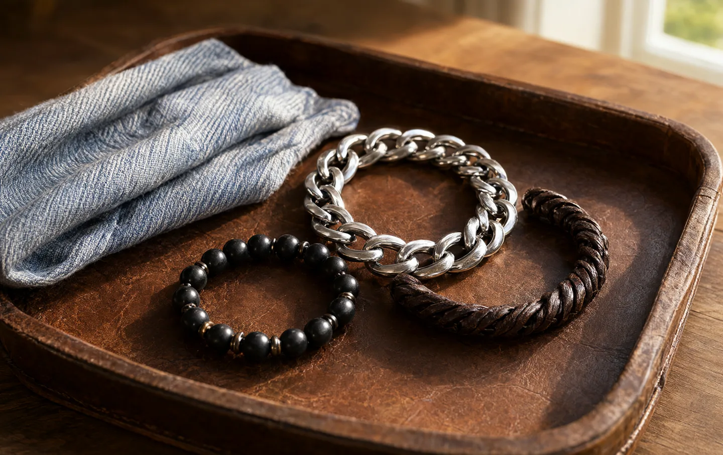 Silver, braided leather, and beaded bracelets arranged on a worn leather tray