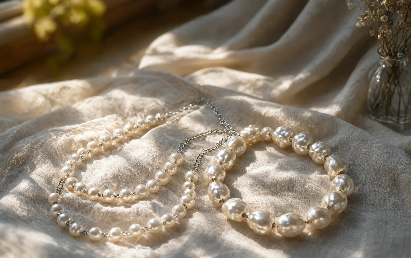 Two freshwater pearl necklaces lying on a warm ivory linen cloth