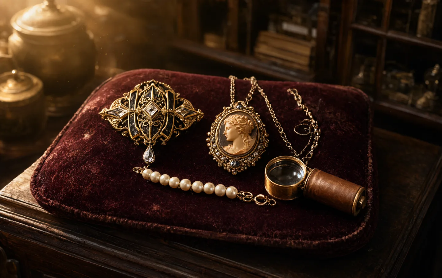 A collection of vintage jewelry on a velvet tray beside a jeweler's loupe