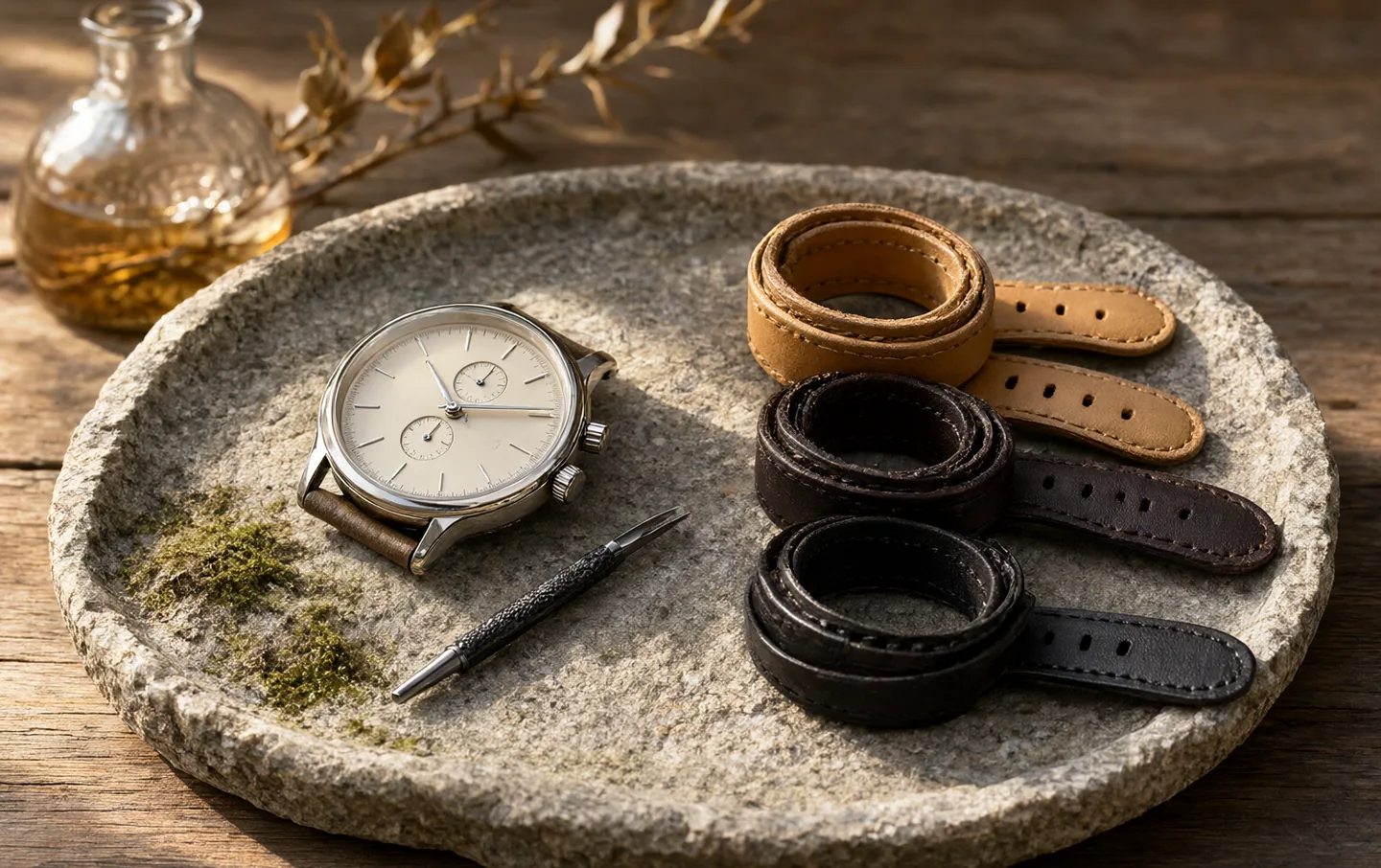 A dress watch beside three spare leather watch straps in tan, brown, and black