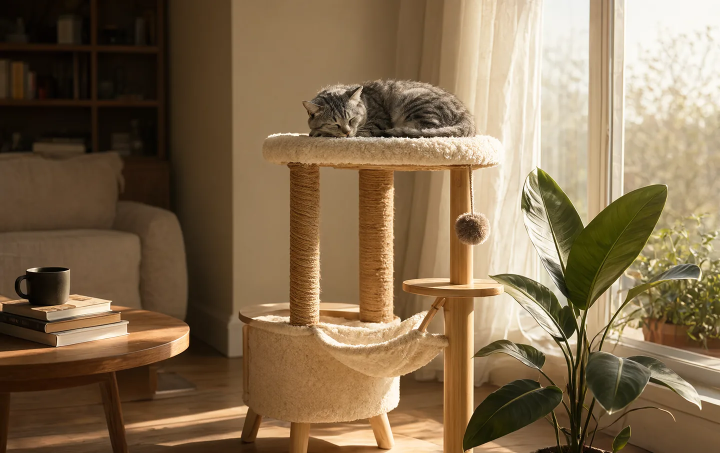 A grey cat curled on the top perch of a pale wood cat tree beside a window