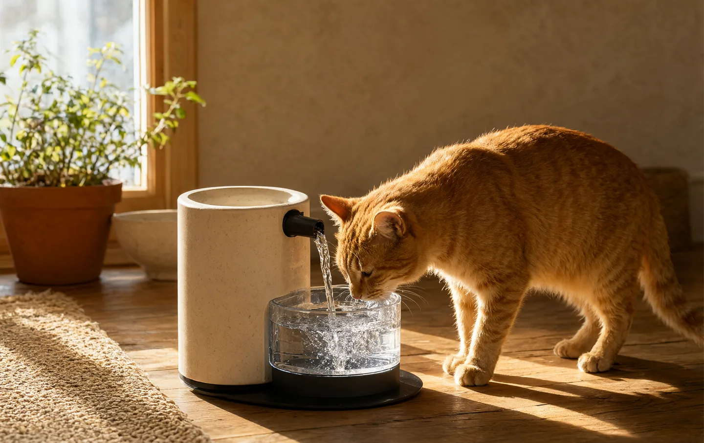 A ginger cat drinking from a white ceramic fountain on a pale wooden floor