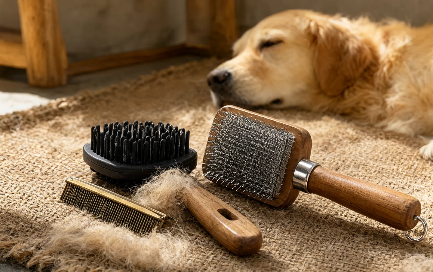 A golden retriever resting beside three de-shedding tools on a canvas cloth