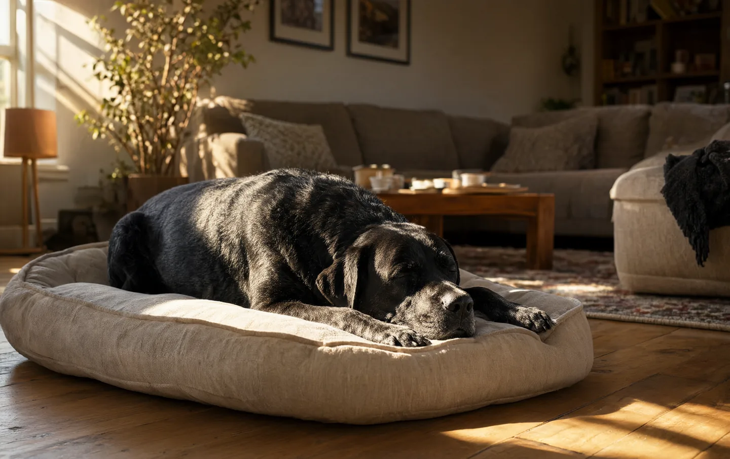 An older Labrador resting on a thick orthopedic dog bed in a sunlit room