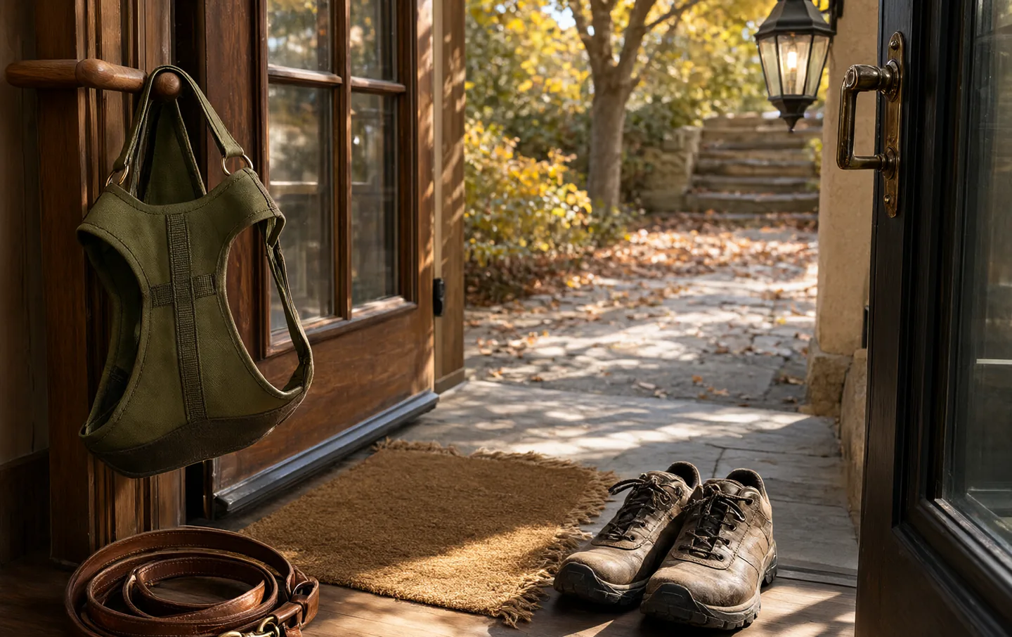 An olive no-pull dog harness and leather leash hanging by a front door