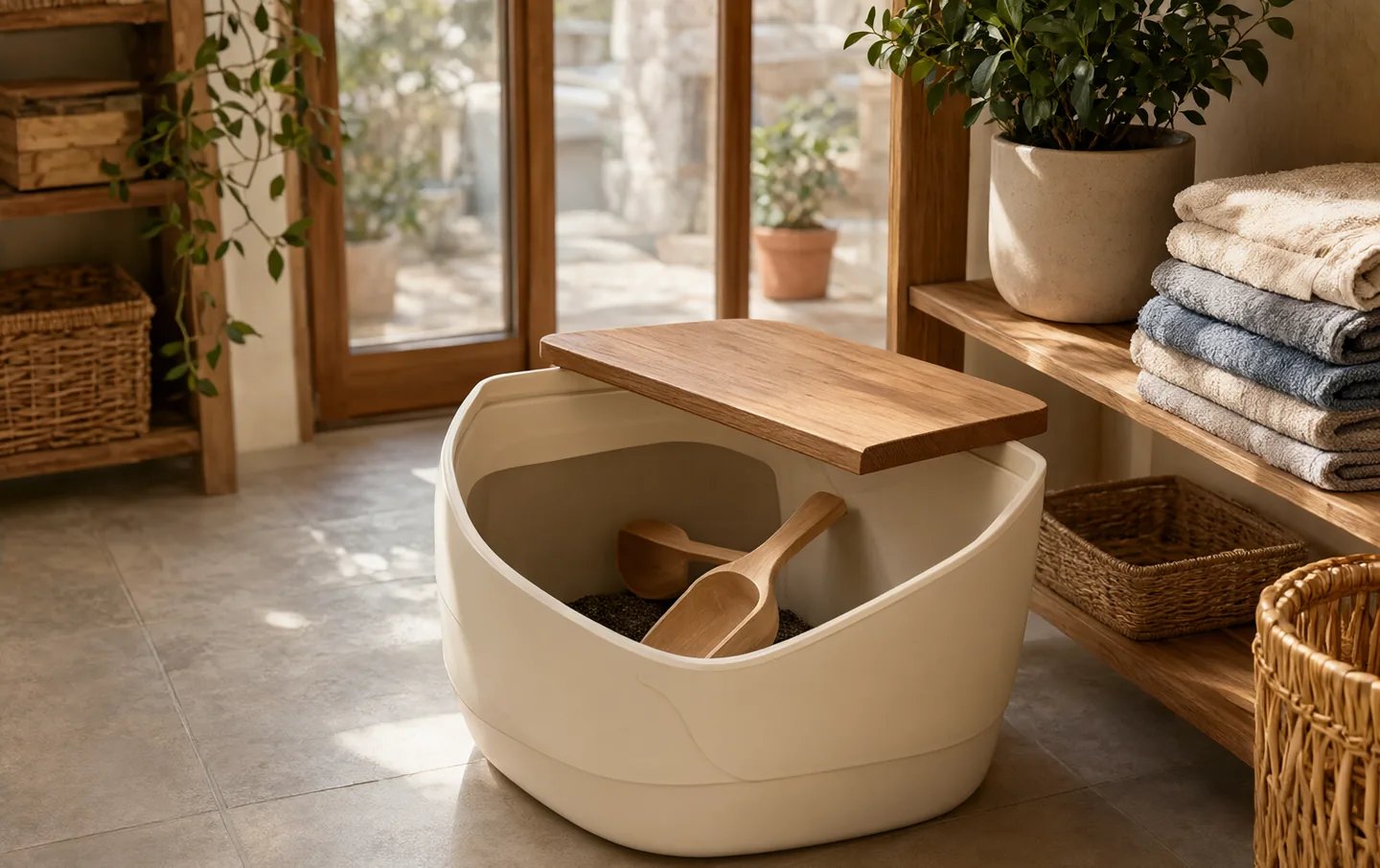A covered litter box in a tidy laundry corner beside folded towels