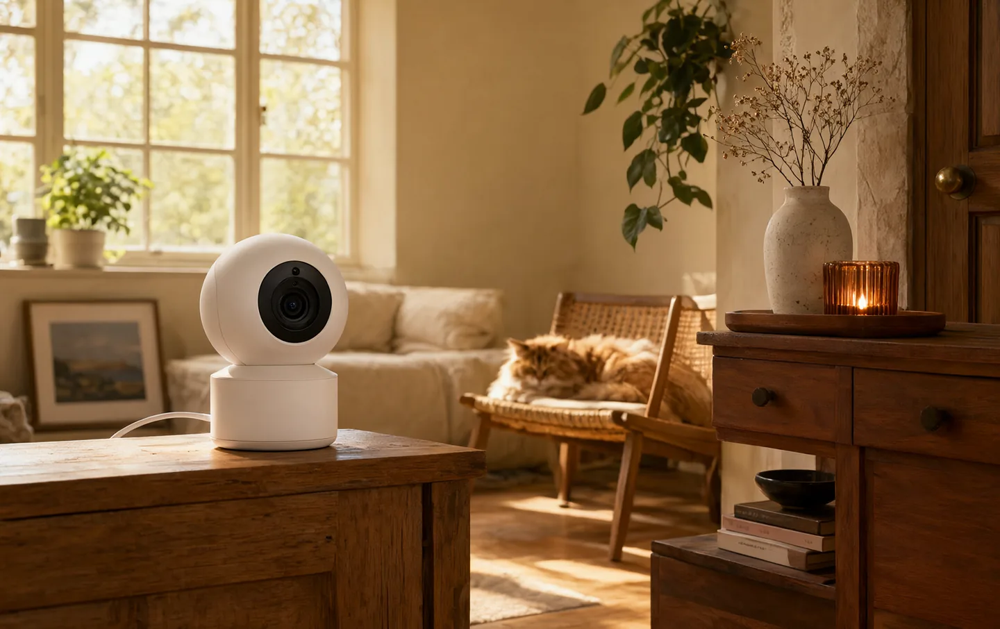 A small white pet camera on a sideboard beside a houseplant
