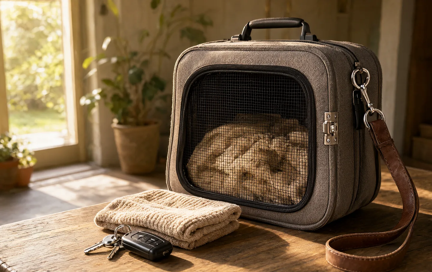 A soft-sided pet carrier with a fleece mat on a wooden bench in a bright entryway