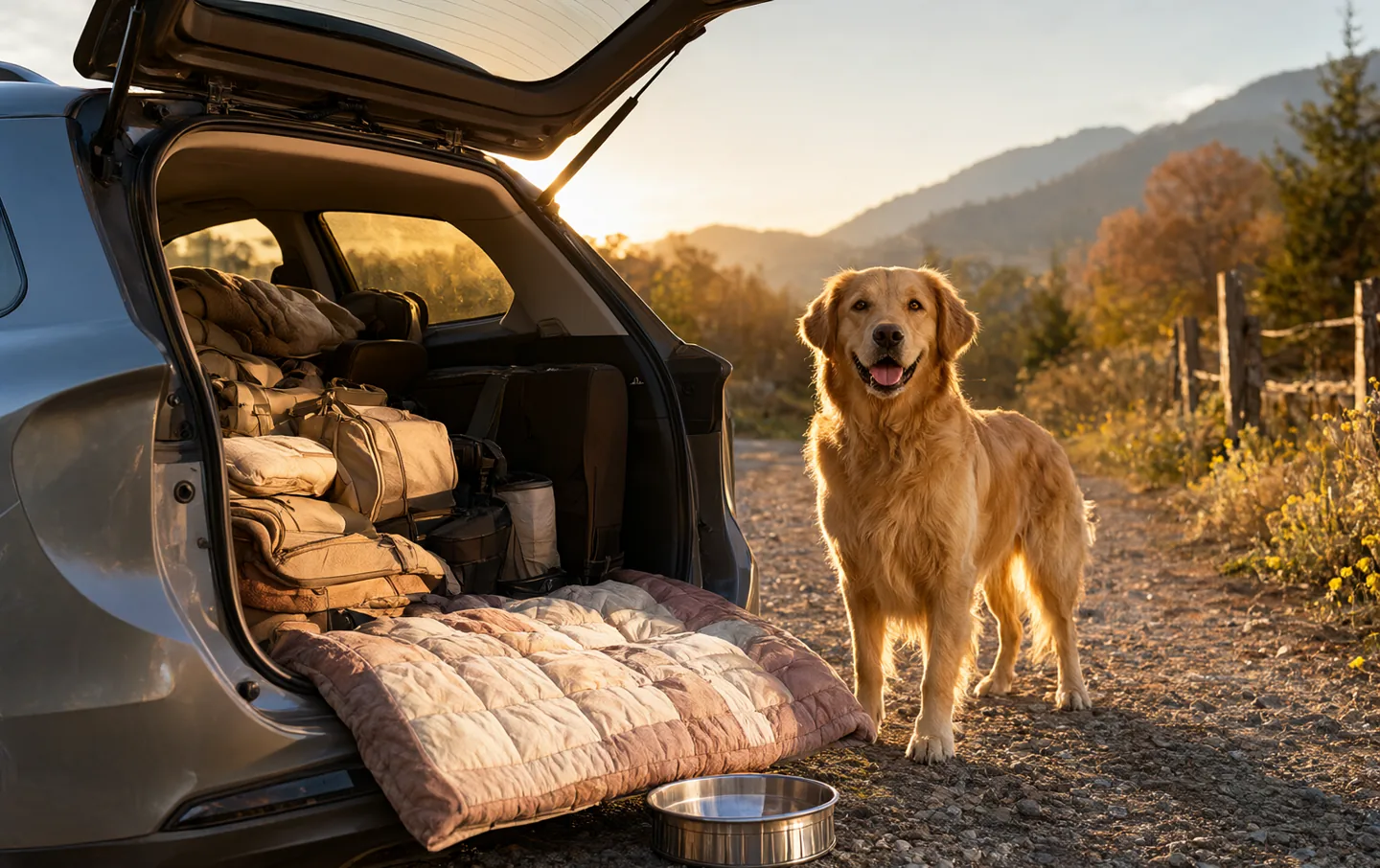 A dog waiting beside a packed car on a gravel drive in late afternoon light