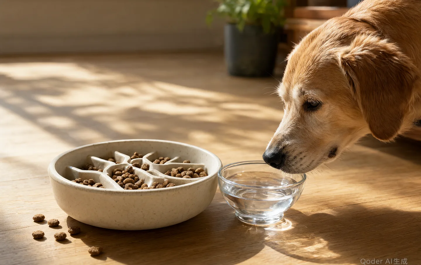 A dog eating from a ceramic maze slow feeder bowl on a kitchen floor