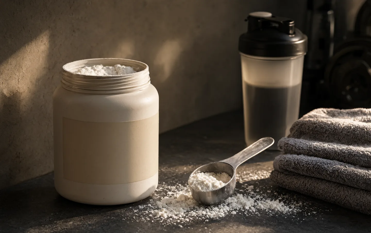 An open tub of creatine powder with a metal scoop on a slate surface