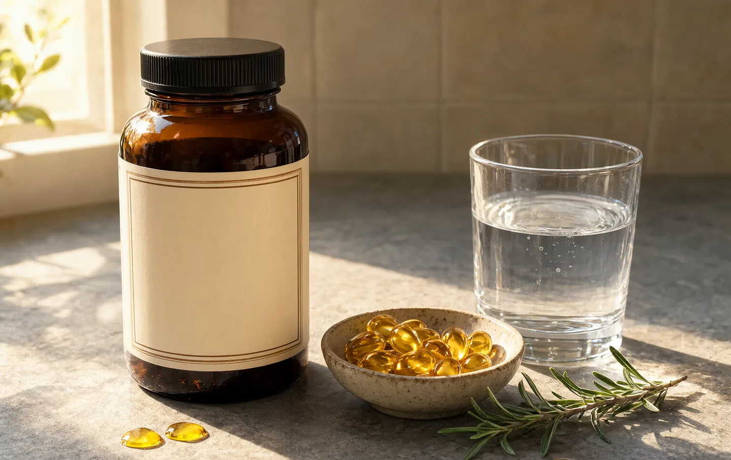 An amber glass bottle of fish oil capsules beside a small dish of them on a linen cloth