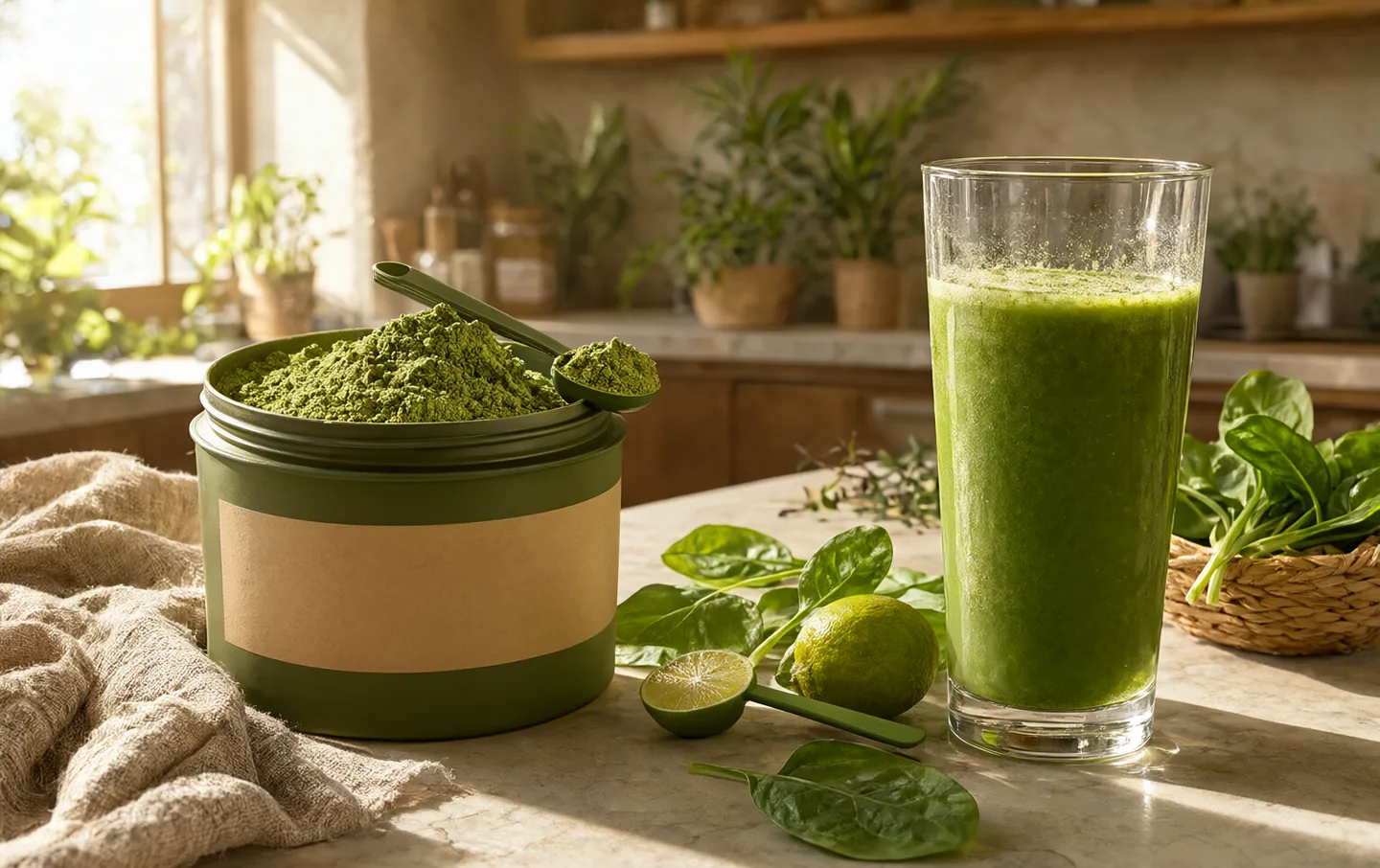 An open tub of greens powder beside a glass of green drink and fresh spinach