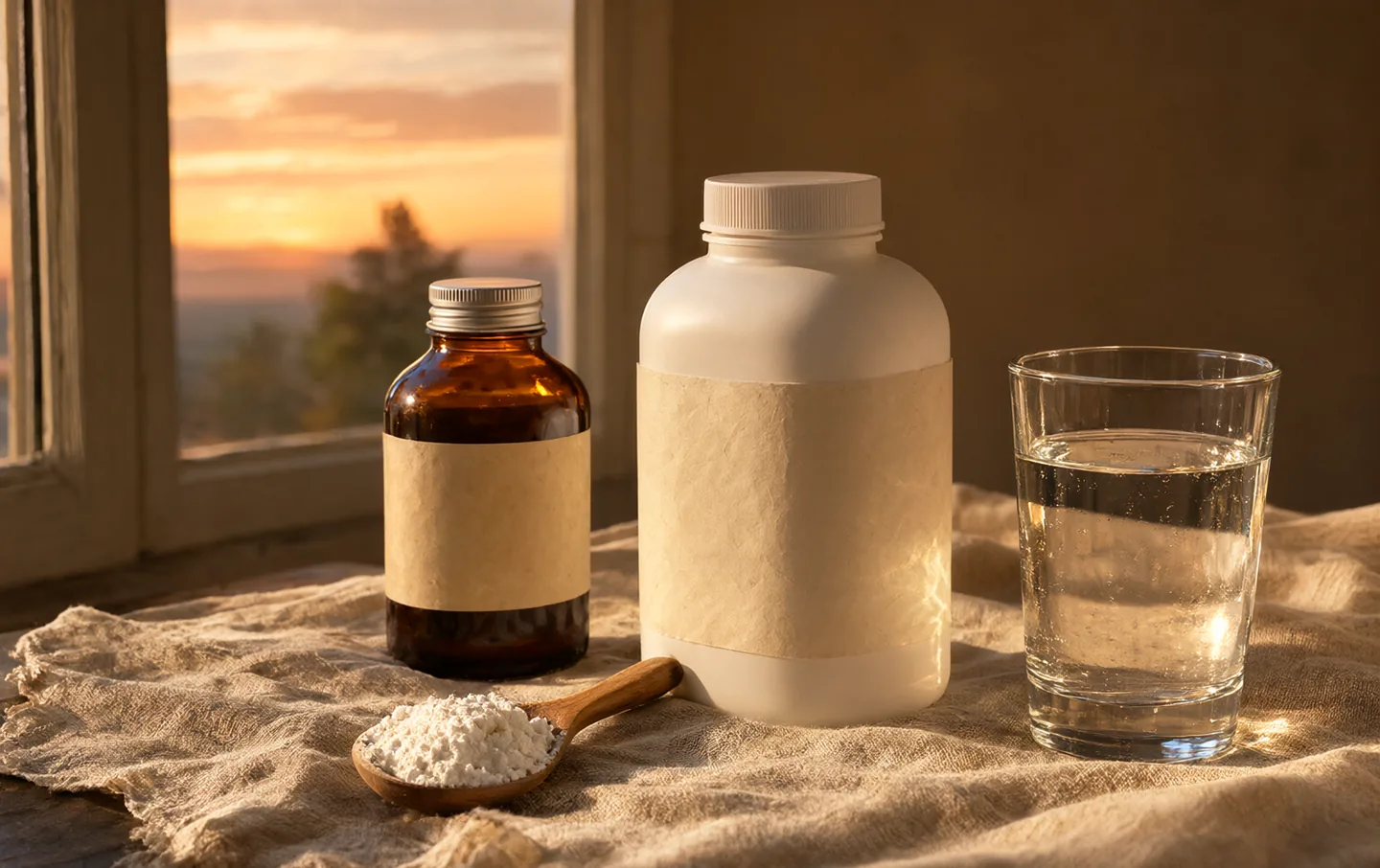 Two supplement bottles beside a wooden scoop of magnesium powder