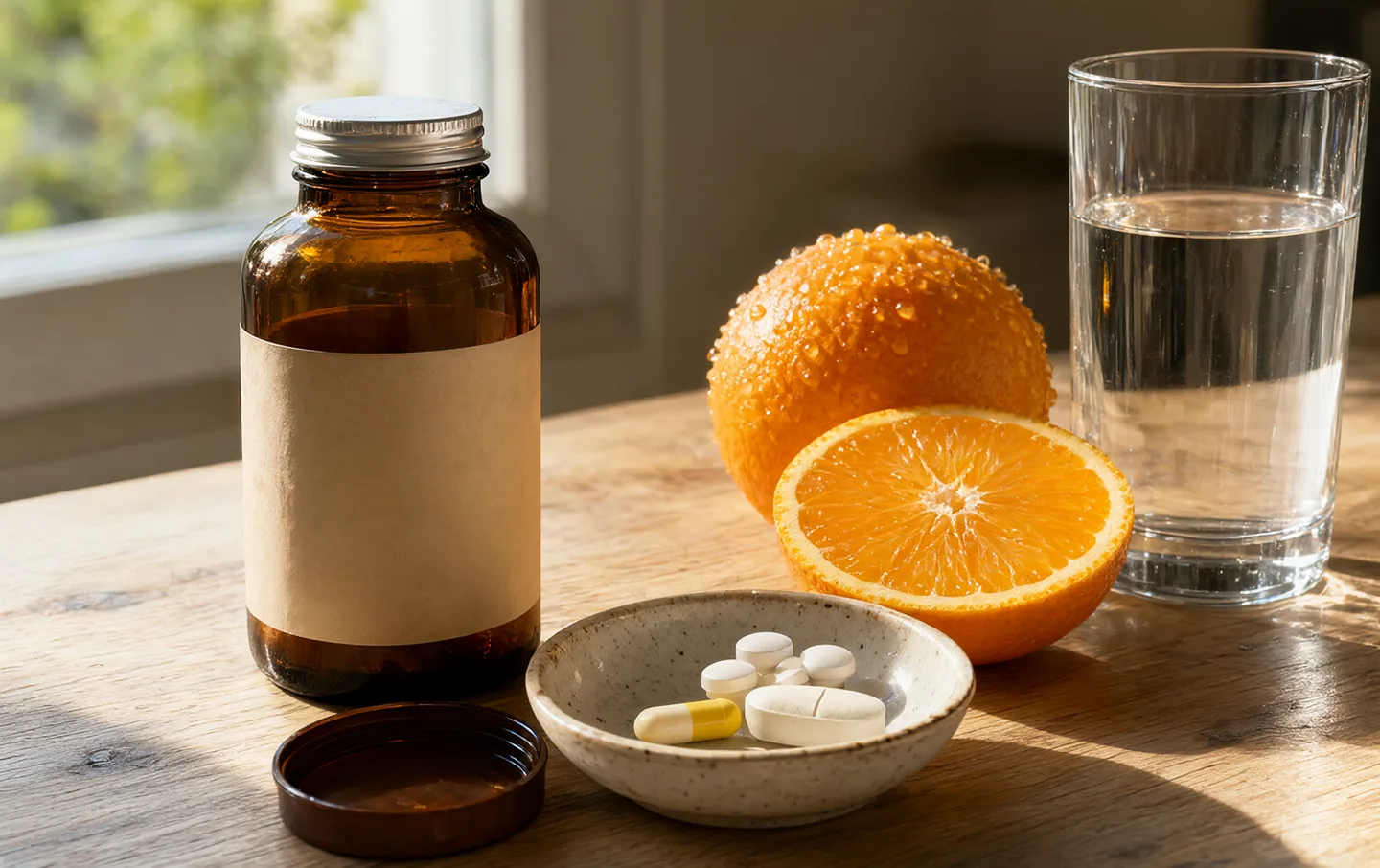 An amber multivitamin bottle beside a halved orange and a glass of water