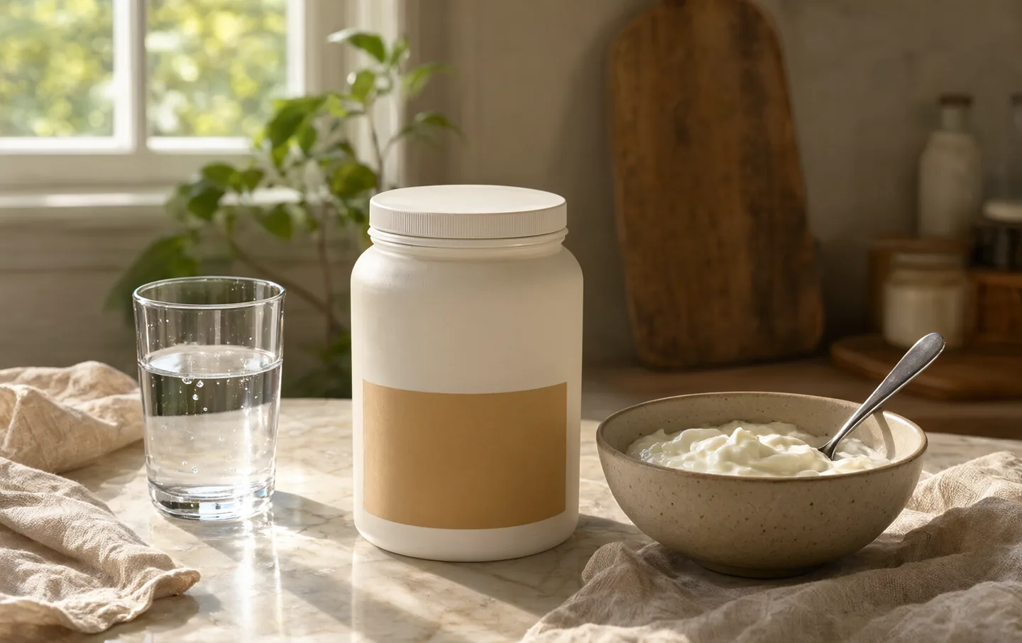 A glass jar of probiotic capsules on a pale wooden table beside a small bowl of yogurt