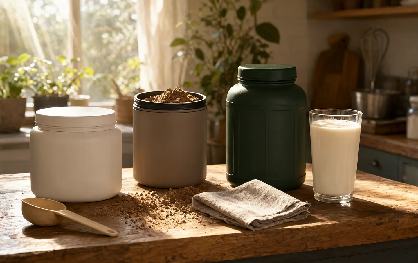 Three protein powder tubs beside a glass of milk on a wooden counter
