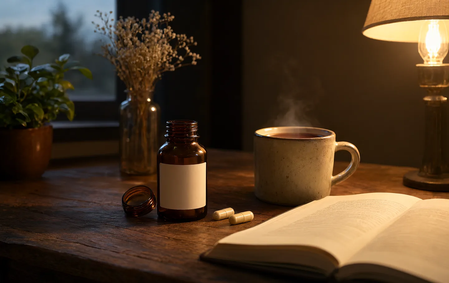A small glass of water and a white supplement bottle on a bedside table at dusk