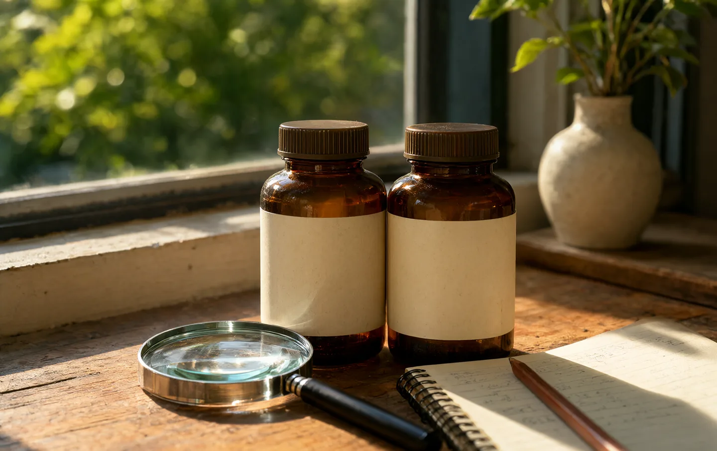 Two supplement bottles beside a magnifying glass and notebook