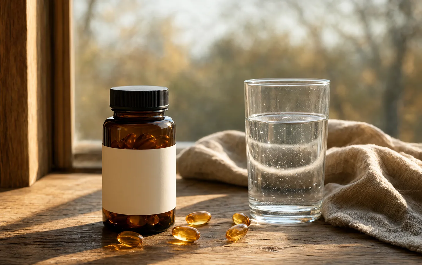 A small amber bottle of vitamin D beside a glass of water and golden softgels