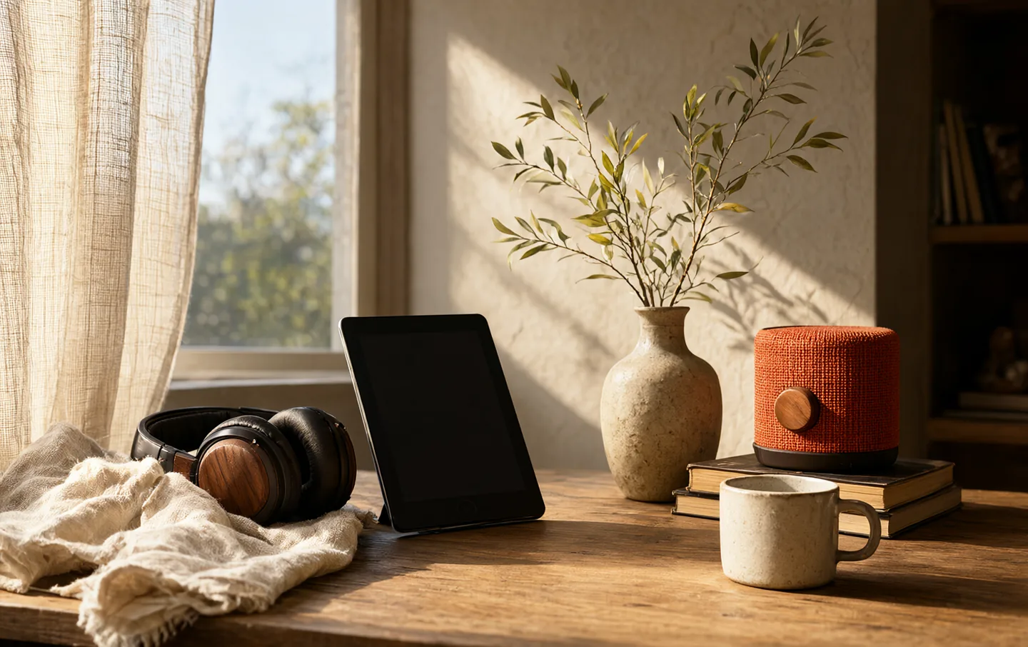 Headphones, a tablet, a speaker and a cup on a sunlit wooden desk